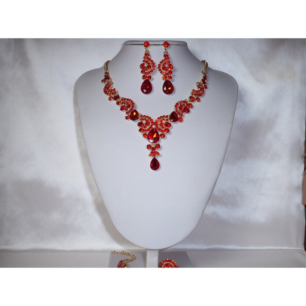 Red 4 pc necklace set,statement necklace, red rhinestone necklace prom necklace